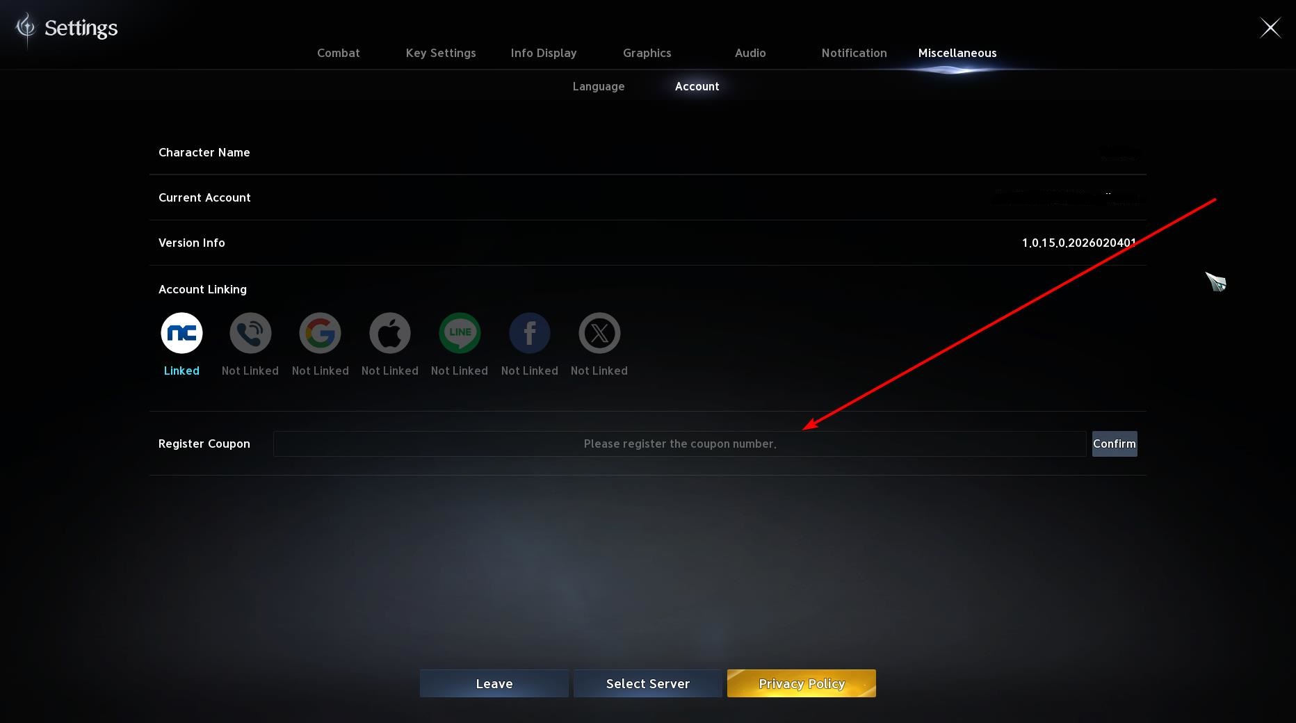 How to redeem coupon code in AION 2 Settings